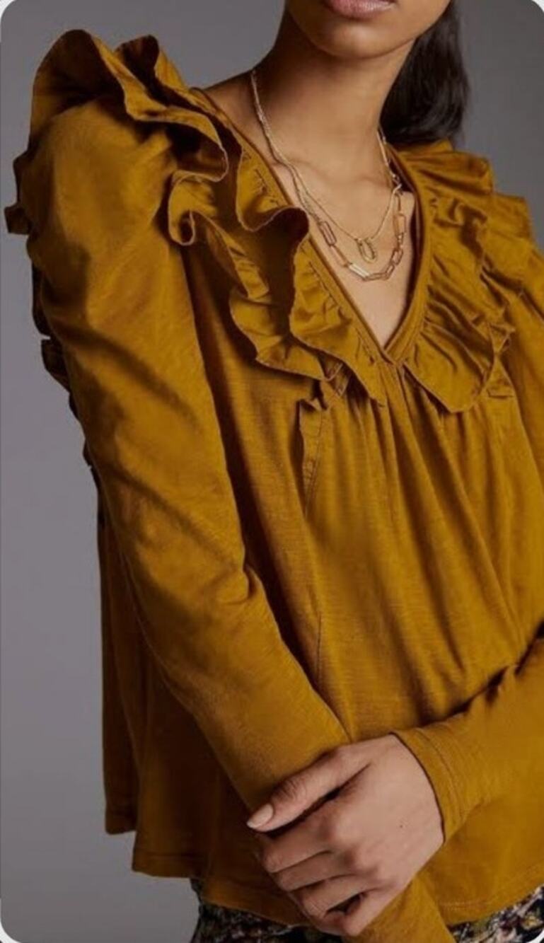 Anthropologie Women's Mustard Yellow Long Sleeve Ruffle Top SZ M Autumn Fall